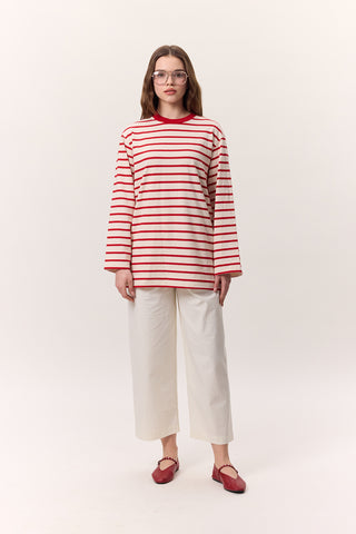 Striped Oversized Long Sleeve T-Shirt Red