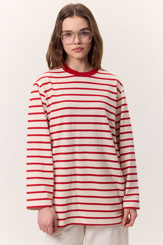 Striped Oversized Long Sleeve T-Shirt Red