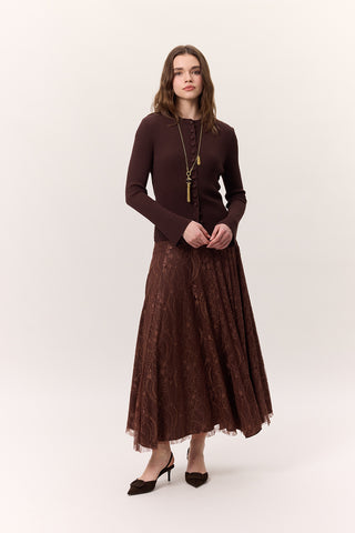 Lace Detail Wide Skirt Brown
