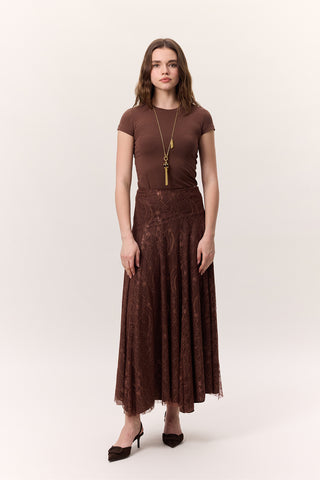Lace Detail Wide Skirt Brown