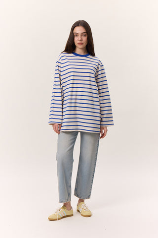 Striped Oversized Long Sleeve T-Shirt Blue
