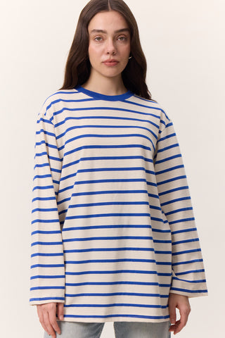 Striped Oversized Long Sleeve T-Shirt Blue