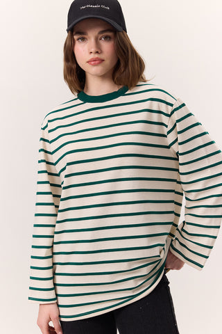 Striped Oversized Long Sleeve T-Shirt Green