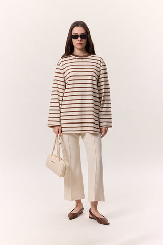 Striped Oversized Long Sleeve T-Shirt Brown
