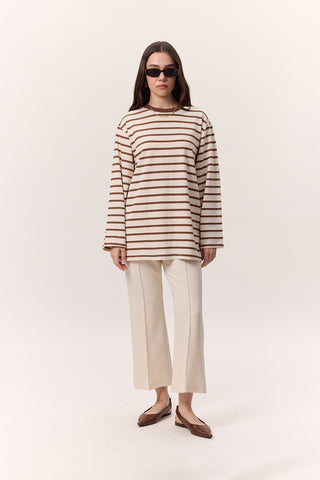 Striped Oversized Long Sleeve T-Shirt Brown
