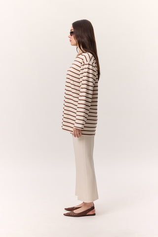 Striped Oversized Long Sleeve T-Shirt Brown