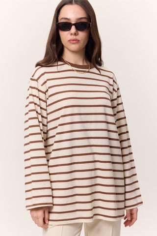 Striped Oversized Long Sleeve T-Shirt Brown