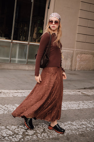 Lace Detail Wide Skirt Brown
