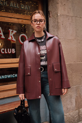 Textured Faux Leather Jacket Burgundy
