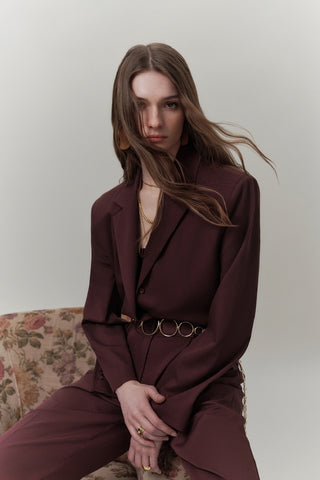 Belted Buttoned Blazer Burgundy