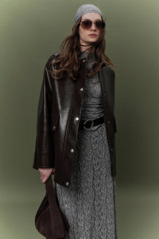 Textured Faux Leather Jacket Brown