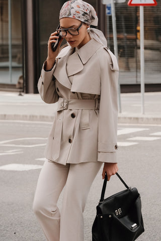 Double-Breasted Cropped Trench Coat Sand