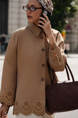 Embroidered Detail Statement Trench Coat Camel