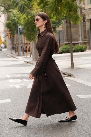 Pleated Detail Shirt Dress Chocolate