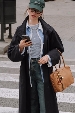 High Neck Oversized Trench Coat Navy Blue