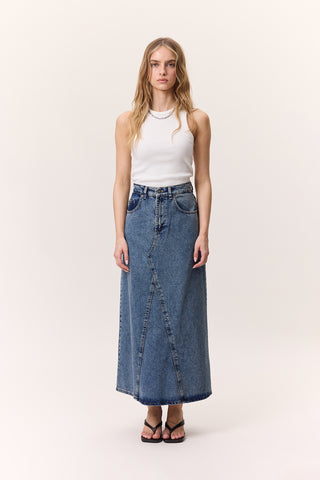 Ruffled-Hem Denim Skirt Blue