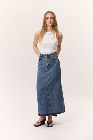 Ruffled-Hem Denim Skirt Blue