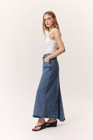 Ruffled-Hem Denim Skirt Blue