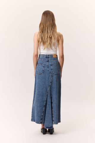 Ruffled-Hem Denim Skirt Blue