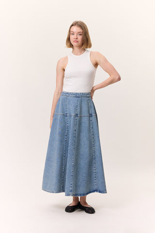 Wide Gathered Denim Skirt Blue