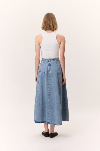 Wide Gathered Denim Skirt Blue