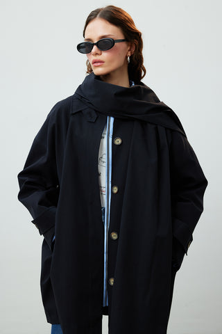 Stockholm Scarf Detailed Oversize Trench Coat Black