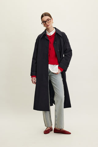 Oversized Belted Gabardine Trench Navy Blue