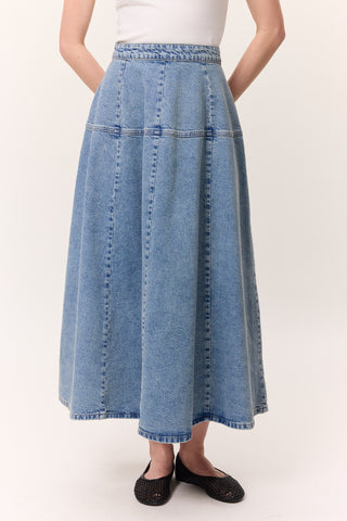 Wide Gathered Denim Skirt Blue