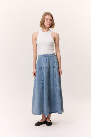 Wide Gathered Denim Skirt Blue