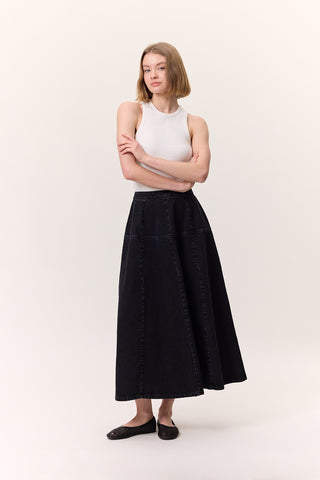 Wide Gathered Denim Skirt Black