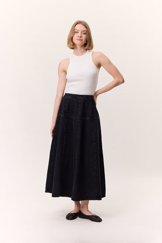 Wide Gathered Denim Skirt Black