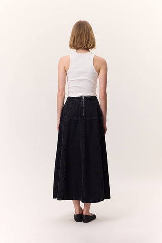 Wide Gathered Denim Skirt Black