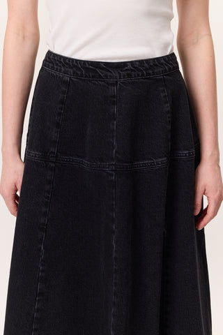 Wide Gathered Denim Skirt Black