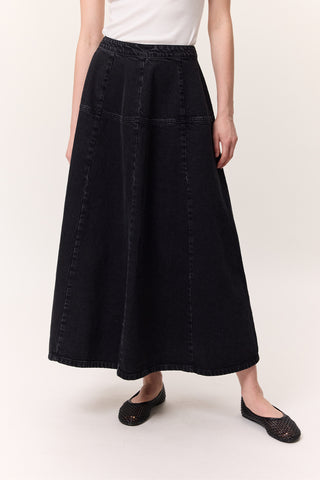 Wide Gathered Denim Skirt Black