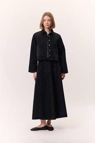 Wide Gathered Denim Skirt Black