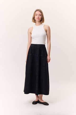 Wide Gathered Denim Skirt Black