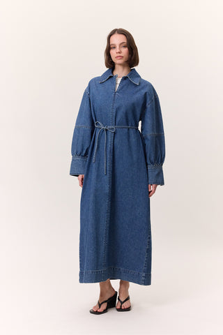 Cuffed Denim Dress Dark Blue