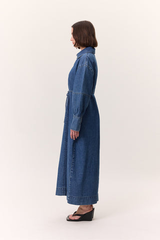Cuffed Denim Dress Dark Blue