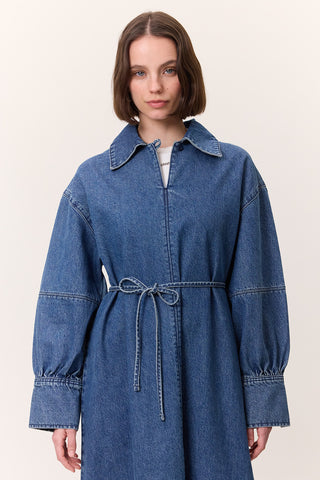 Cuffed Denim Dress Dark Blue