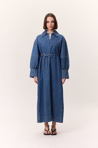 Cuffed Denim Dress Dark Blue