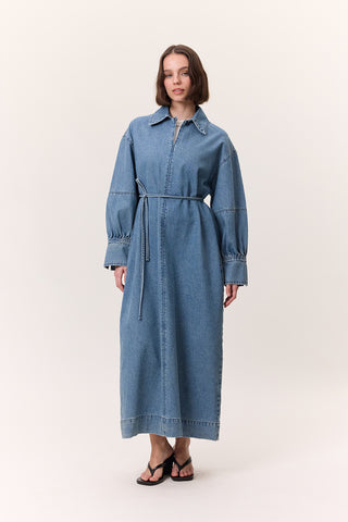 Cuffed Denim Dress Light Blue