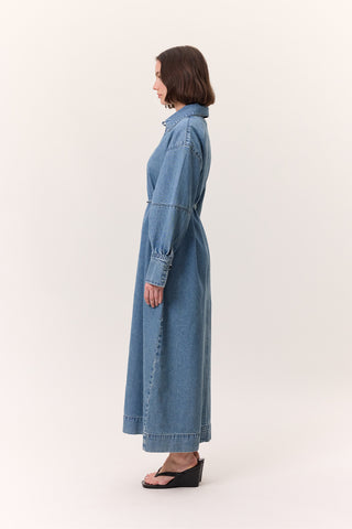 Cuffed Denim Dress Light Blue