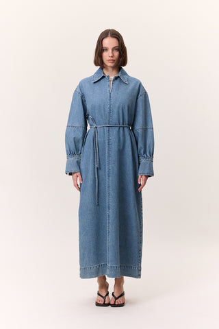 Cuffed Denim Dress Light Blue