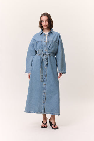 Button-Front Denim Shirt Dress Light Blue