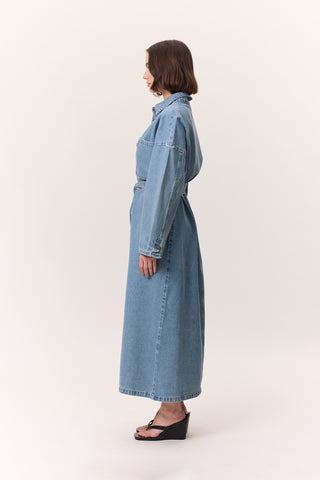 Button-Front Denim Shirt Dress Light Blue