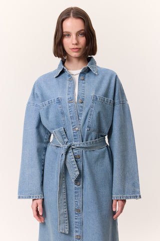 Button-Front Denim Shirt Dress Light Blue