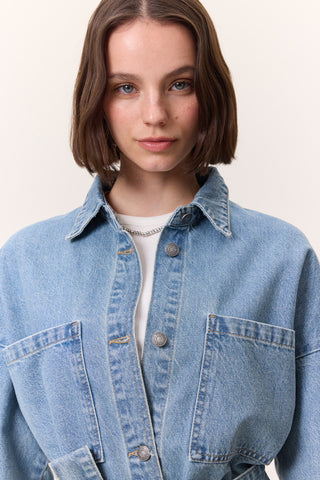 Button-Front Denim Shirt Dress Light Blue