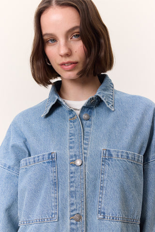 Button-Front Denim Shirt Dress Light Blue
