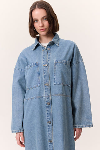 Button-Front Denim Shirt Dress Light Blue