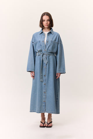Button-Front Denim Shirt Dress Light Blue